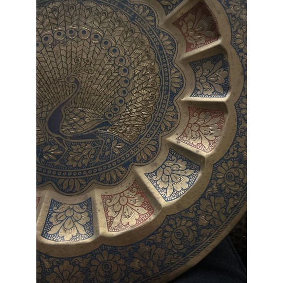 Vintage Brass Peacock Plate Metal Tray Enameled Etched Wall Hanging Decorative - Picture 9 of 11
